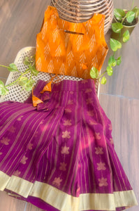 Mulberry and Mustard Handwoven Ikat Lehenga Set (0-11 years)