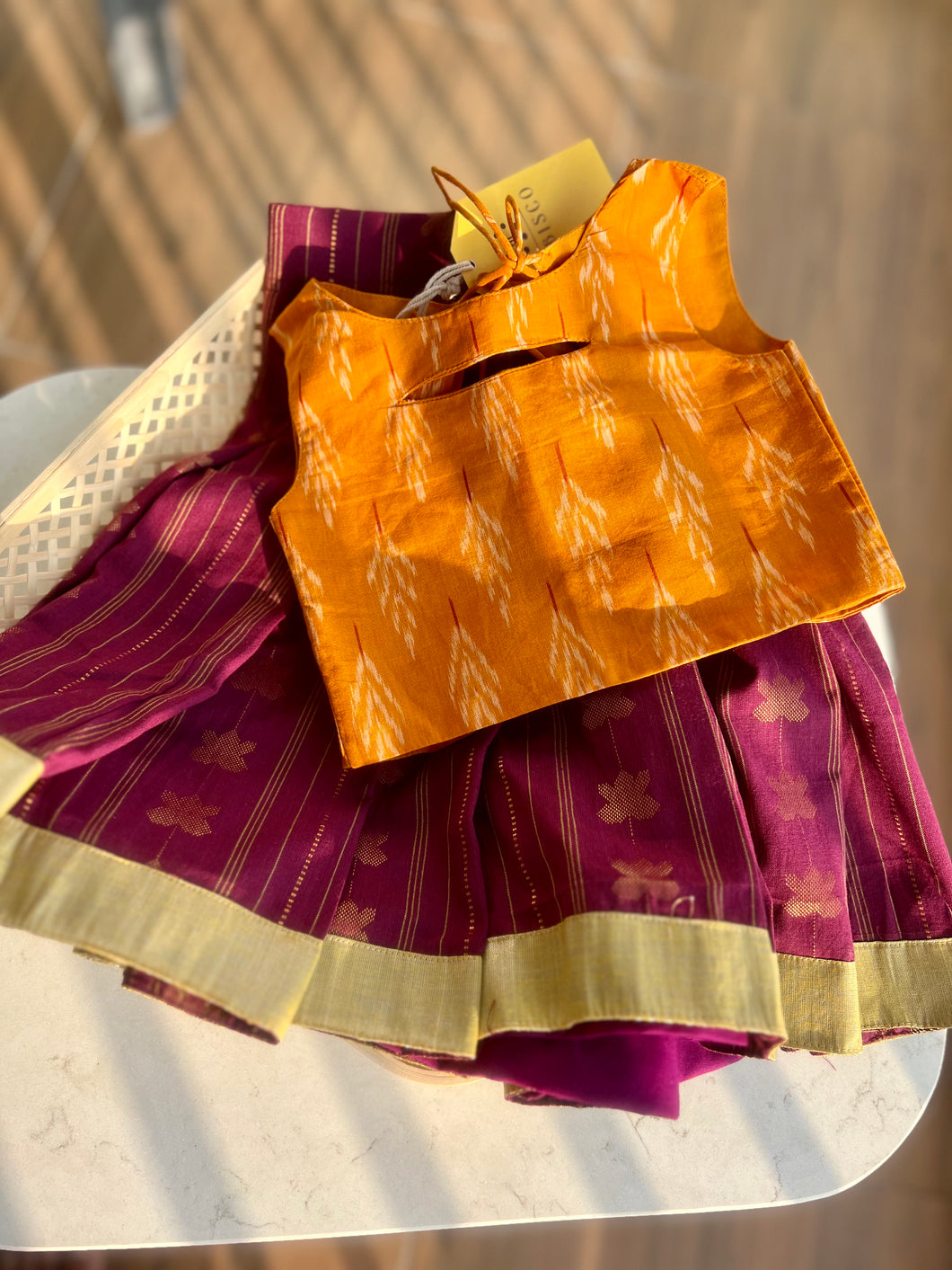 Mulberry and Mustard Handwoven Ikat Lehenga Set (0-11 years)