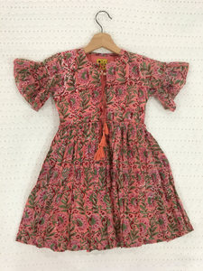 Girls pomegranate peach Hand-block Printed Dress (1-10 Years)