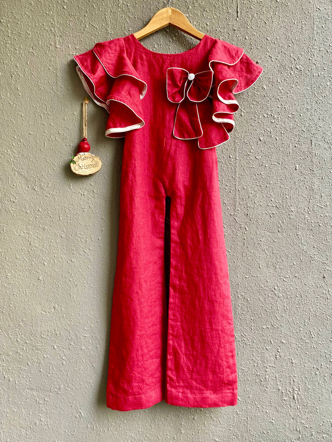 Girls Red Linen Plazzo Style Jump-suit (0-11 Years)