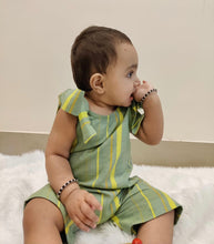Load image into Gallery viewer, Girls Basil-Green Stripes and Ties Romper (0-7 Years)
