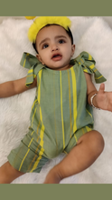 Load image into Gallery viewer, Girls Basil-Green Stripes and Ties Romper (0-7 Years)
