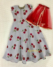 Load image into Gallery viewer, Grey &amp; Red  Crepe Silk Floral Print Long Dress with Cape
